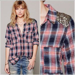 Free People Little Bit of Sugar Sequin Flannel shirt size M nwot!